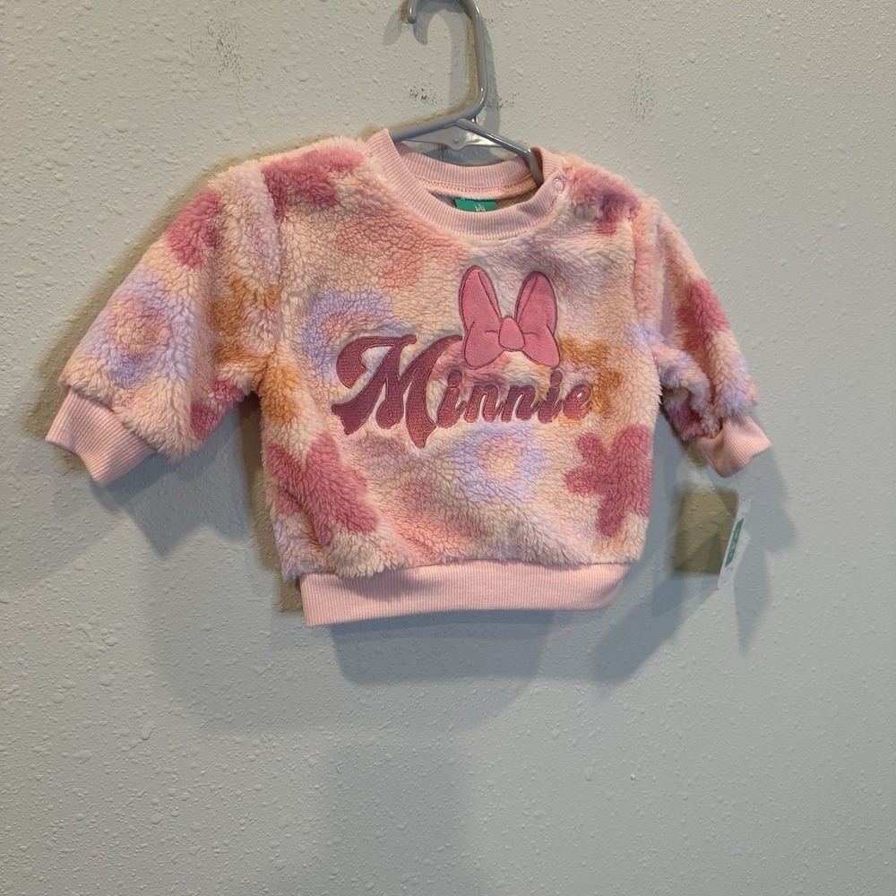 Disney Baby Minnie Mouse Girls 0-3M Sweatshirt Crew Neck Floral Spell-out Fuzzy - Picture 3 of 9